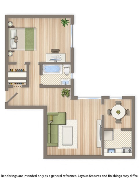 meridian park one bedroom apartment floor plan rendering
